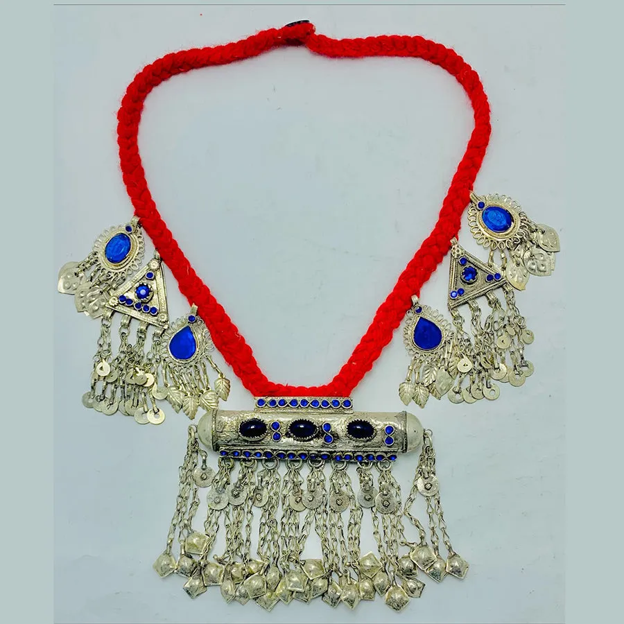 Vintage Red Necklace With Dangling Silver Motifs