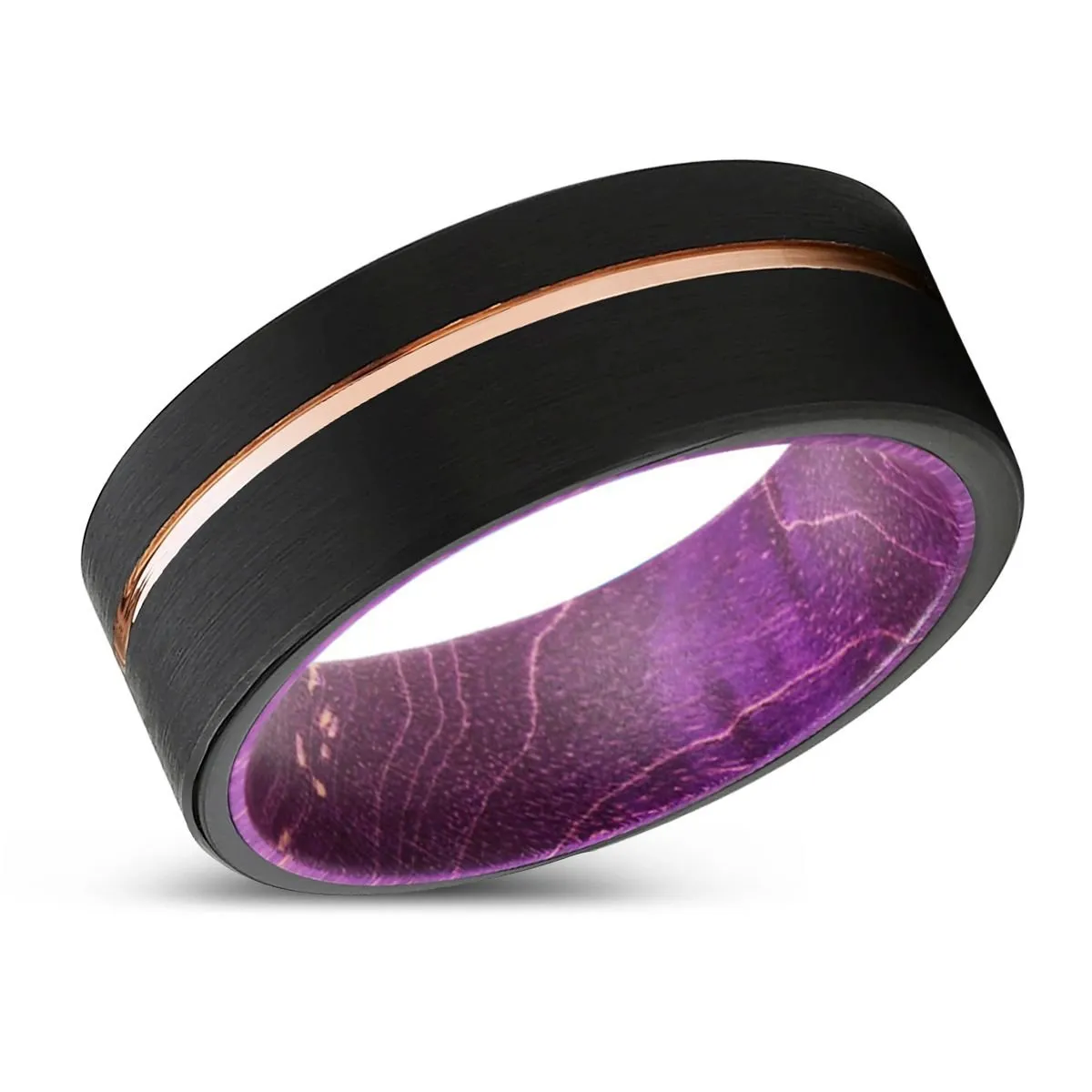 VIRTUE | Purple Wood, Black Tungsten Ring, Rose Gold Offset Groove, Brushed, Flat