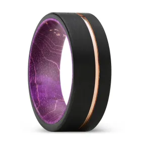 VIRTUE | Purple Wood, Black Tungsten Ring, Rose Gold Offset Groove, Brushed, Flat