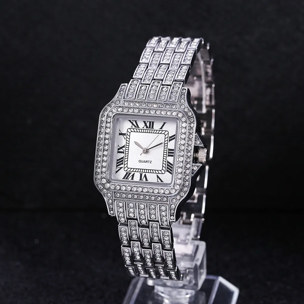 Watch Diamond Steel Strap Watch Clear Dial Roman Quartz Watch Women's Watch with Diamond Decorative Watch