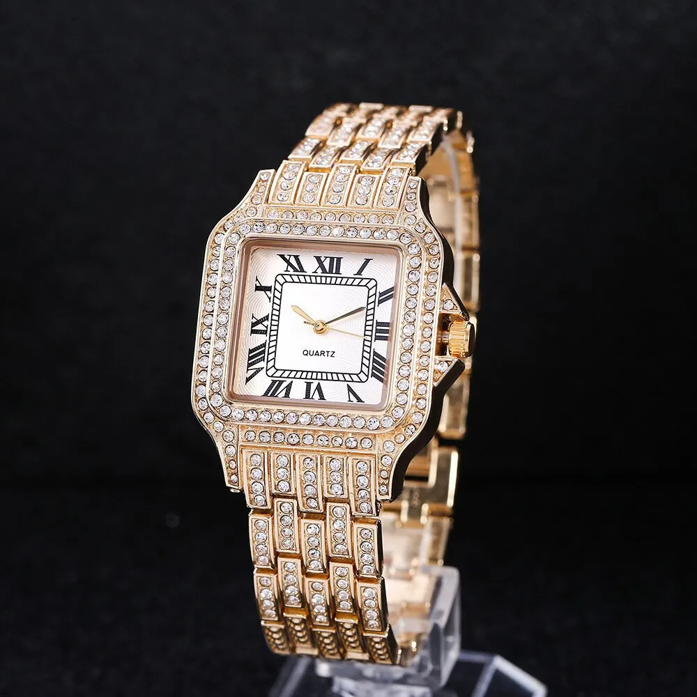 Watch Diamond Steel Strap Watch Clear Dial Roman Quartz Watch Women's Watch with Diamond Decorative Watch