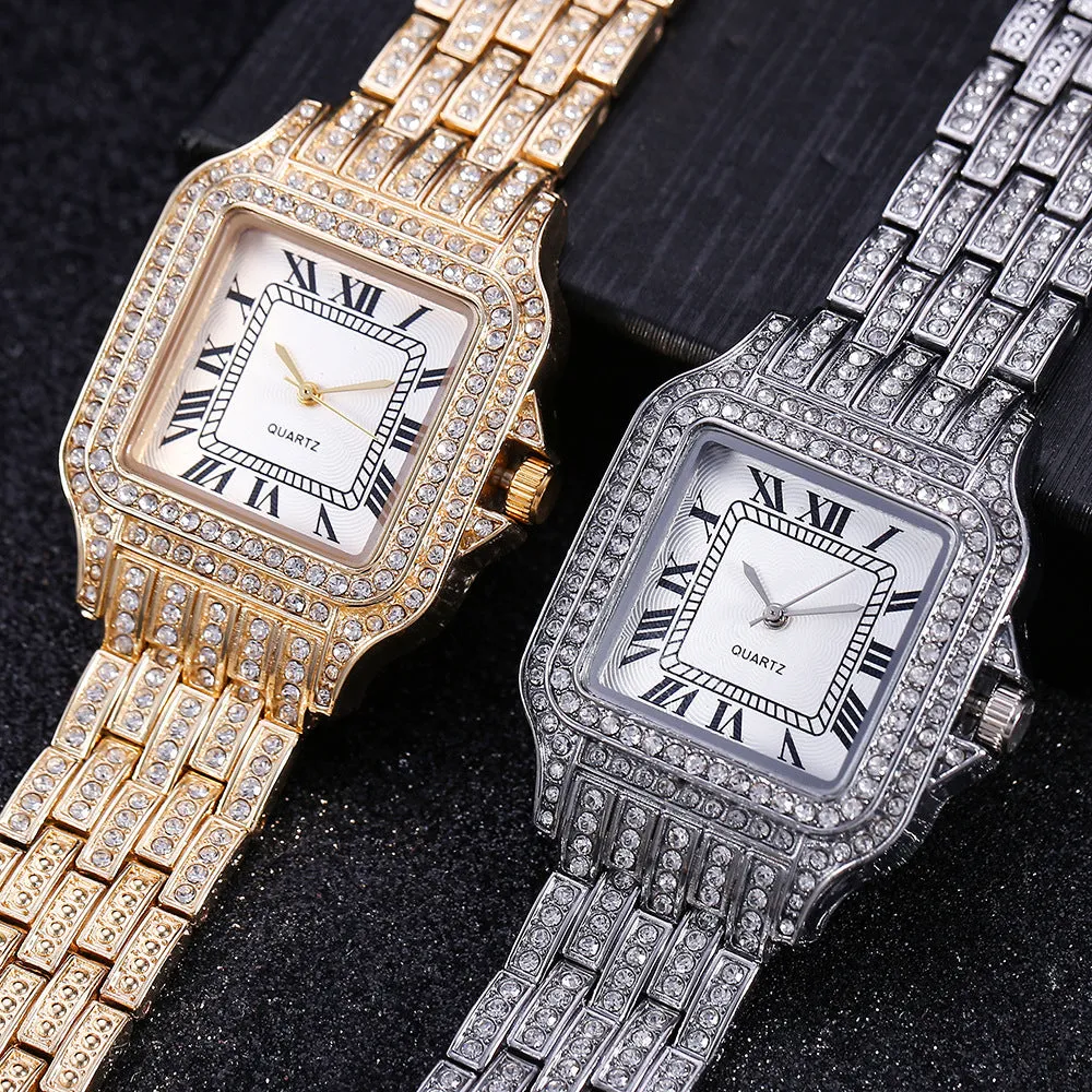 Watch Diamond Steel Strap Watch Clear Dial Roman Quartz Watch Women's Watch with Diamond Decorative Watch