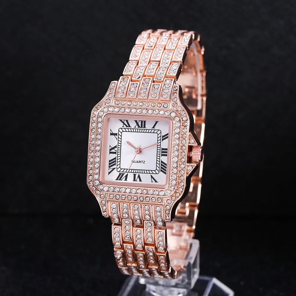 Watch Diamond Steel Strap Watch Clear Dial Roman Quartz Watch Women's Watch with Diamond Decorative Watch