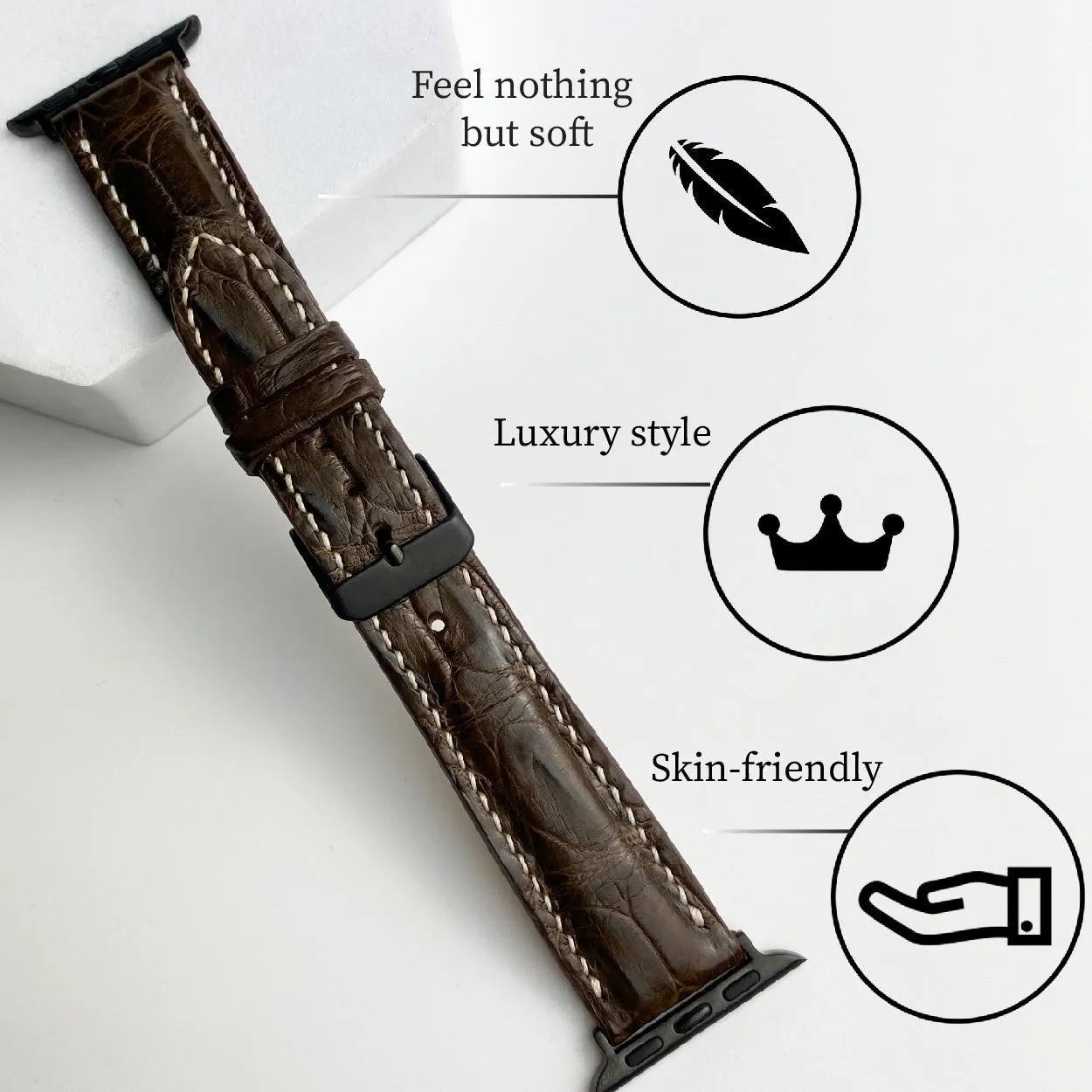 White Hand Stitching Dark Brown Alligator Leather Strap for Apple Watch Ultra Series 8 7 6 5 4 3 SE | AW-155