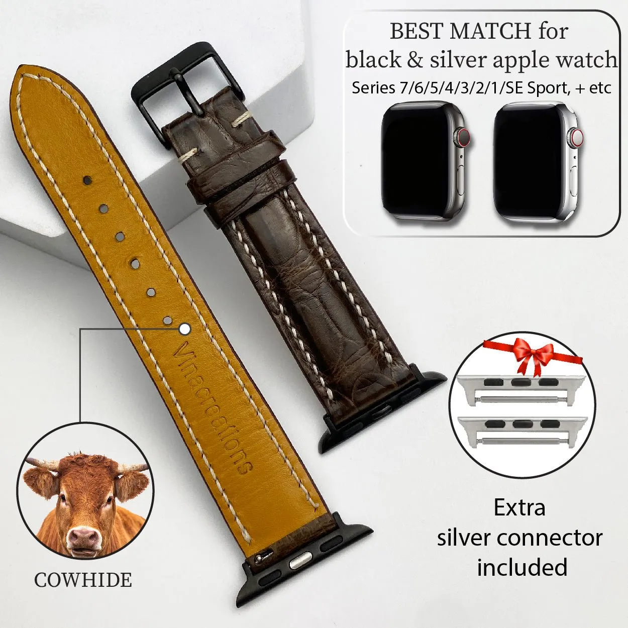 White Hand Stitching Dark Brown Alligator Leather Strap for Apple Watch Ultra Series 8 7 6 5 4 3 SE | AW-155