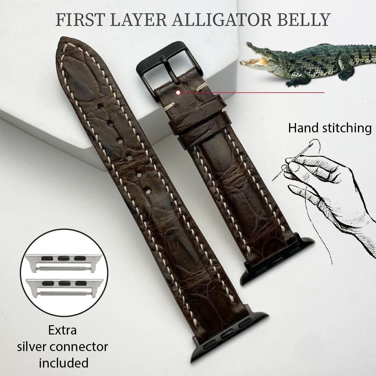 White Hand Stitching Dark Brown Alligator Leather Strap for Apple Watch Ultra Series 8 7 6 5 4 3 SE | AW-155