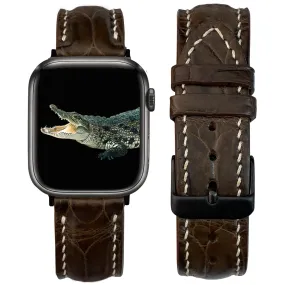 White Hand Stitching Dark Brown Alligator Leather Strap for Apple Watch Ultra Series 8 7 6 5 4 3 SE | AW-155