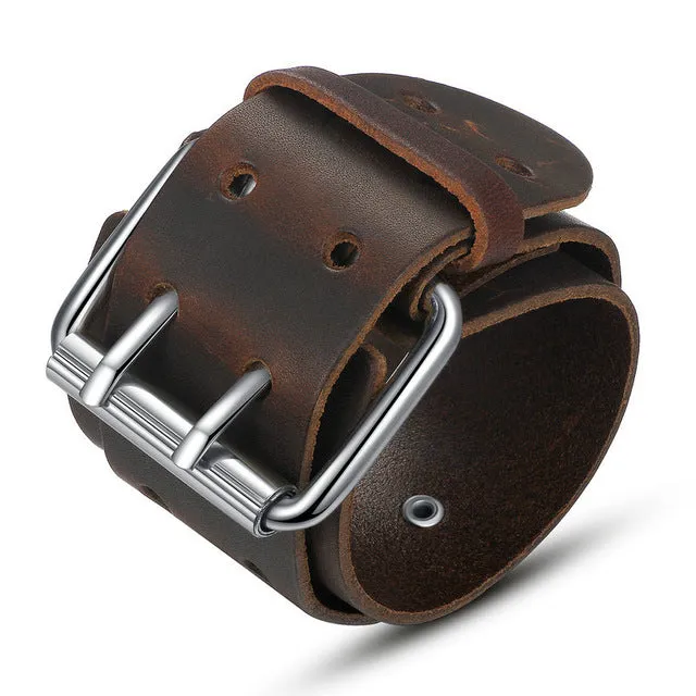 Wide Genuine Leather Belt Bracelet With Alloy Clasp