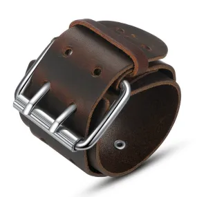 Wide Genuine Leather Belt Bracelet With Alloy Clasp