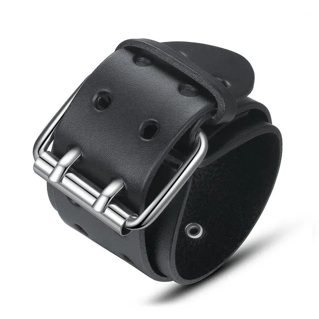 Wide Genuine Leather Belt Bracelet With Alloy Clasp