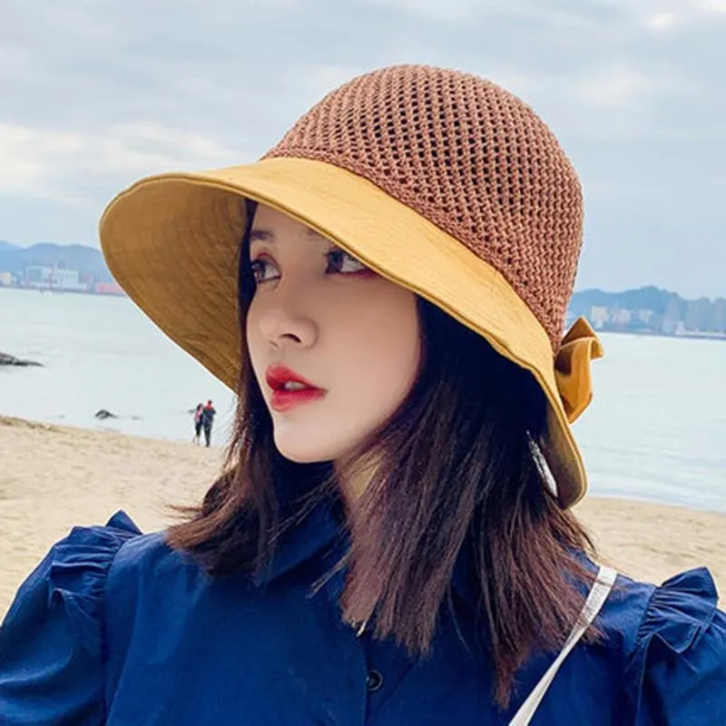 Woman Summer Hats With Visor Hollow Straw Hat Fashion Bow Design Sun Hat Travel Mesh Bucket Hat