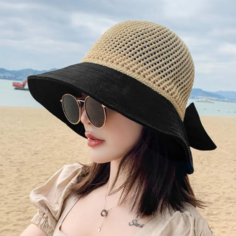 Woman Summer Hats With Visor Hollow Straw Hat Fashion Bow Design Sun Hat Travel Mesh Bucket Hat