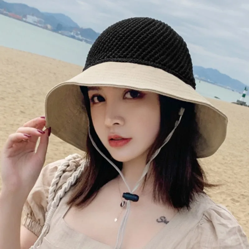 Woman Summer Hats With Visor Hollow Straw Hat Fashion Bow Design Sun Hat Travel Mesh Bucket Hat