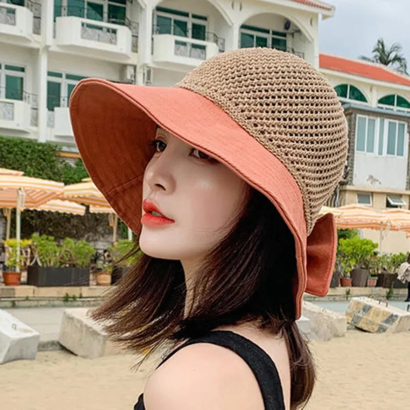 Woman Summer Hats With Visor Hollow Straw Hat Fashion Bow Design Sun Hat Travel Mesh Bucket Hat