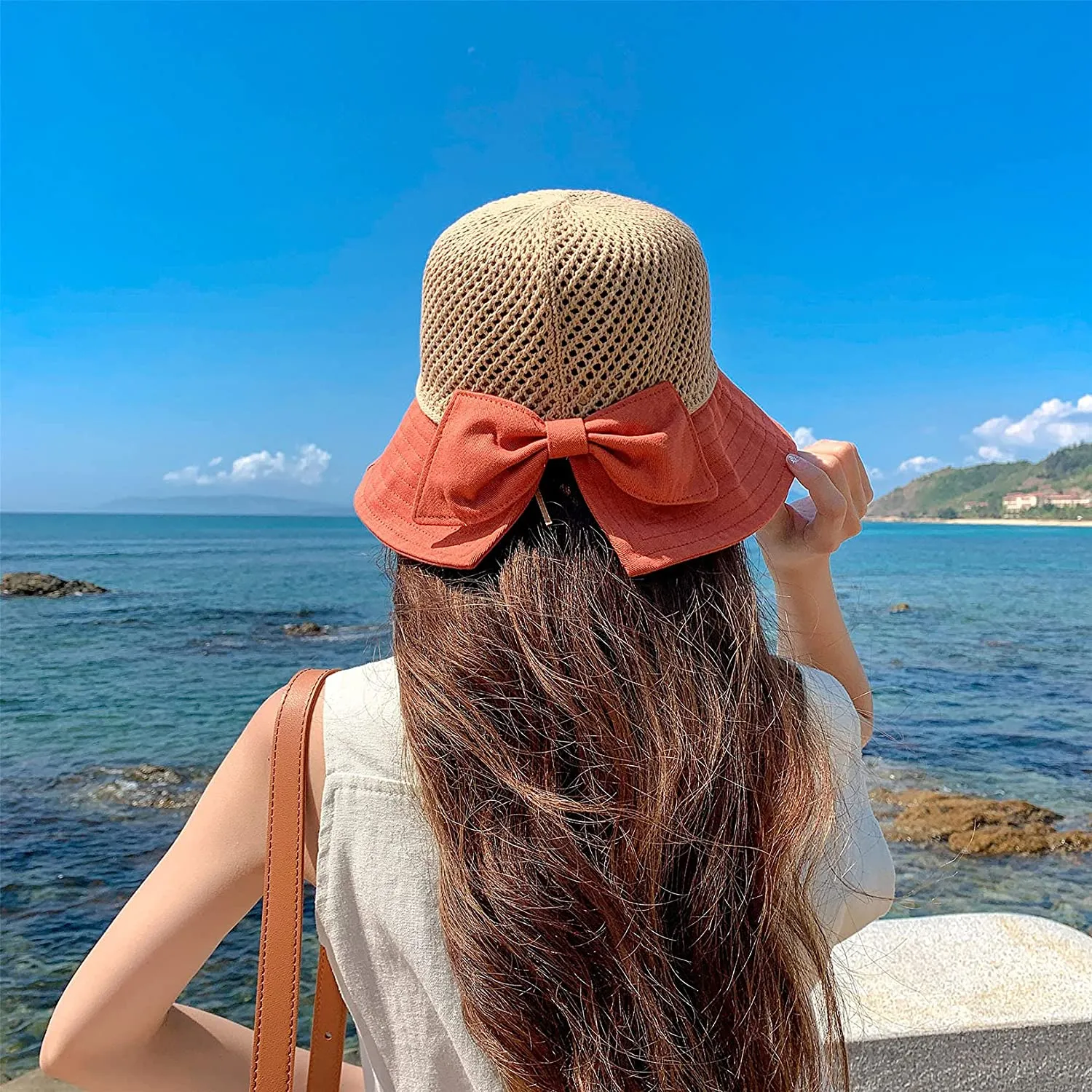 Women Wide Brim Hat Hollow Breathable Summer Bucket Hat Bow Lady’s Foldable Beach Sun Hat for Travel Mesh