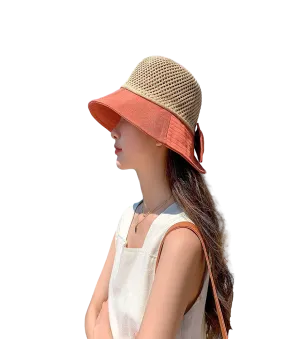 Women Wide Brim Hat Hollow Breathable Summer Bucket Hat Bow Lady’s Foldable Beach Sun Hat for Travel Mesh