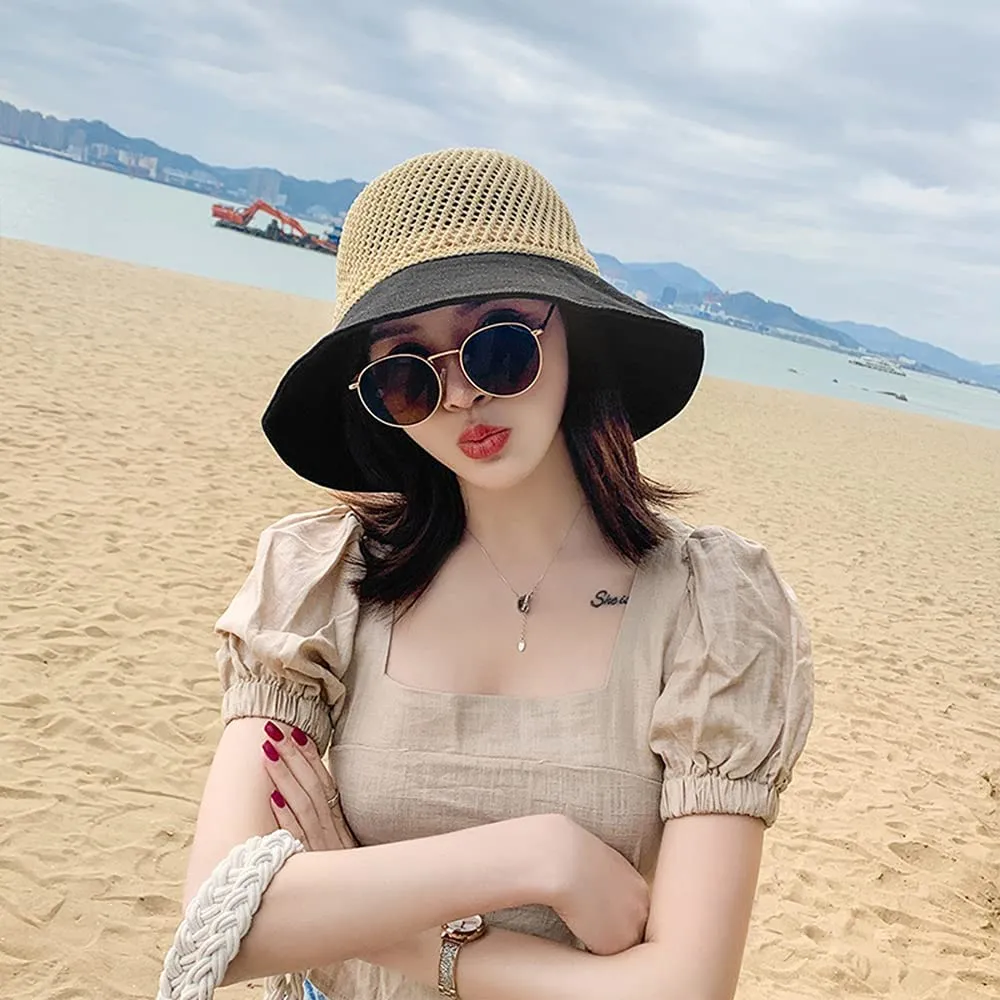 Women Wide Brim Hat Hollow Breathable Summer Bucket Hat Bow Lady’s Foldable Beach Sun Hat for Travel Mesh