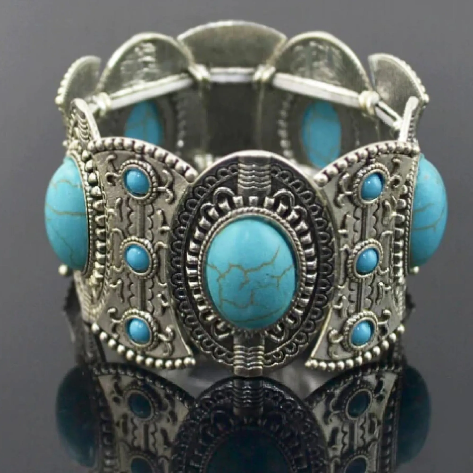 Women's Vintage Boho Turquoise Cuff Stretch Bracelet, Ethnic Fashion Jewelry